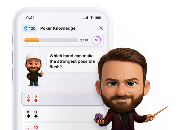 WSOP Academy IQ Quiz sample question screen with Daniel Negreanu