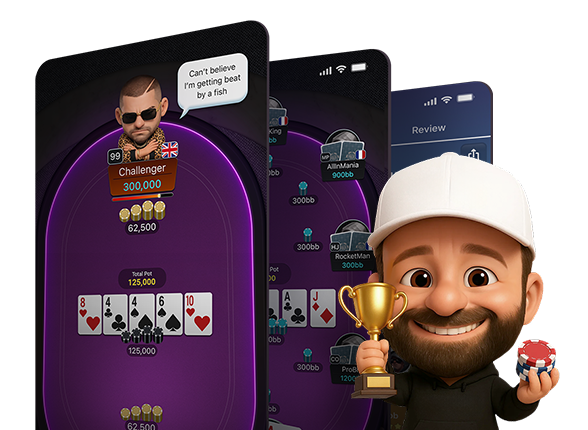 WSOP Academy Play Real Hands screen showing a purple poker table with Daniel Negreanu holding a trophy